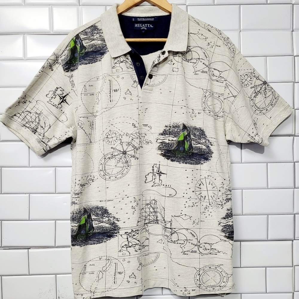 REGATTA Men’s Vintage Nautical Sailboat Graphic Theme Short Sleeve Polo Color H